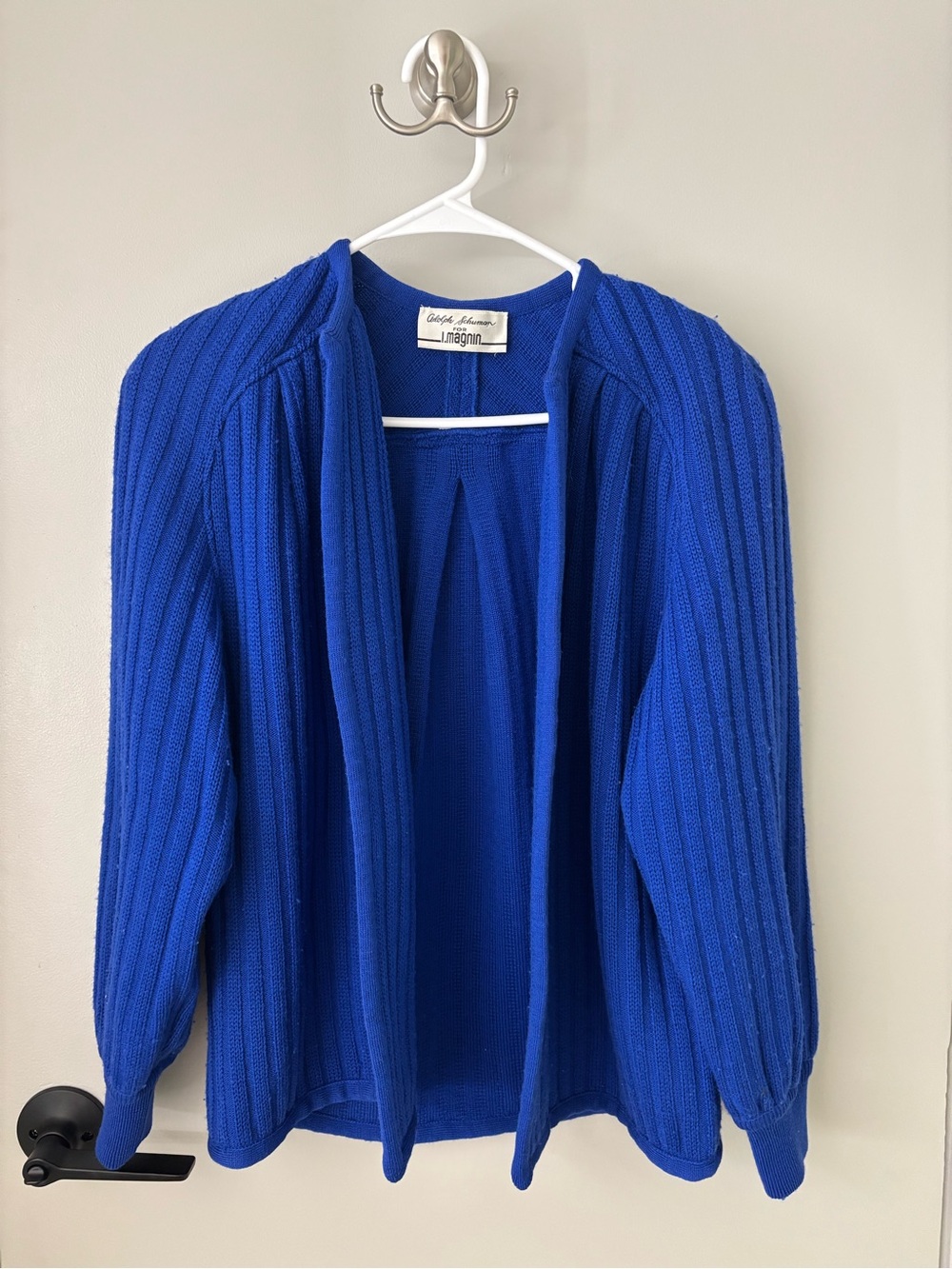 Vintage Adolph Schuman for I. Magnin Royal Blue 100% Wool Rib Knit Cardigan